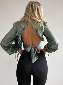 Firerie Ruffle Trim Tie Backless Knot Cuff Crop Satin Blouse,Long Sleeve Tops - Green - View 2