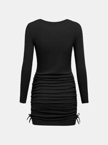 SHEIN Girlism Teen Girl Square Neck Drawstring Side Ruched Dress - Black - View 2