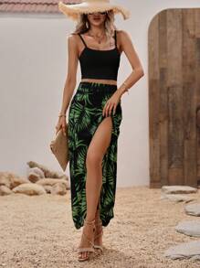 Breezaya Chất rắn Cami ngọn & Bản in nhiệt đới Tách đùi Váy - màu đen - Xem 3