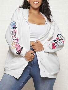 SHEIN CURVE+ Áo nỉ dáng rộng in chữ, vai rớt, dây rút - trắng - Xem 3