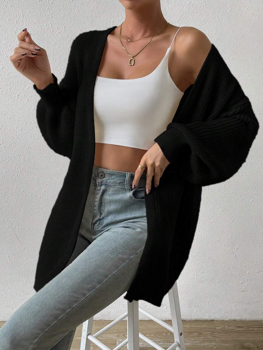 SHEIN LUNE 落肩休闲设计开衫，长袖上衣 - 黑色 - 查看 1