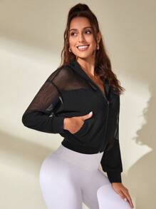 SHEIN Sports Contrast Fishnet Hooded Crop Sports Jacket - Black - View 3