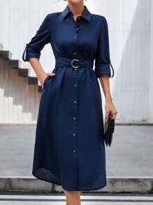 SHEIN Clasi Roll Tab Sleeve Belted Shirt Dress - Navy Blue - View 1