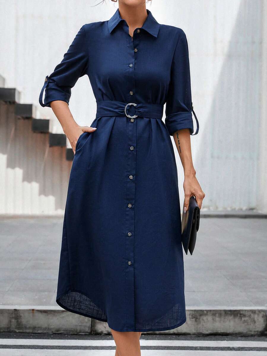 SHEIN Clasi Roll Tab Sleeve Belted Shirt Dress - Navy Blue - View 1