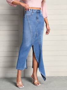 SHEIN LUNE High Waist Asymmetrical Hem Denim Skirt - Medium Wash - View 5