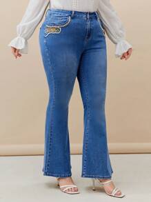 Mulvari 大碼花卉刺繡牛仔喇叭褲 - 中等水洗藍 - 查看 5