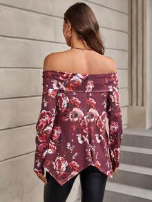 SHEIN Clasi In hoa Off Shoulder Viền không đối xứng Áo thun - Nhiều màu - Xem 2