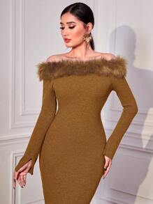 Modelyn Off Shoulder Fuzzy Trim Bodycon Sweater Dress - Chocolate Brown - View 5