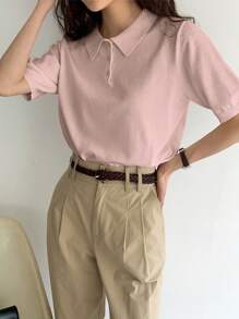 DAZY 素色Polo領針織上衣 - 藕粉色 - 查看 2