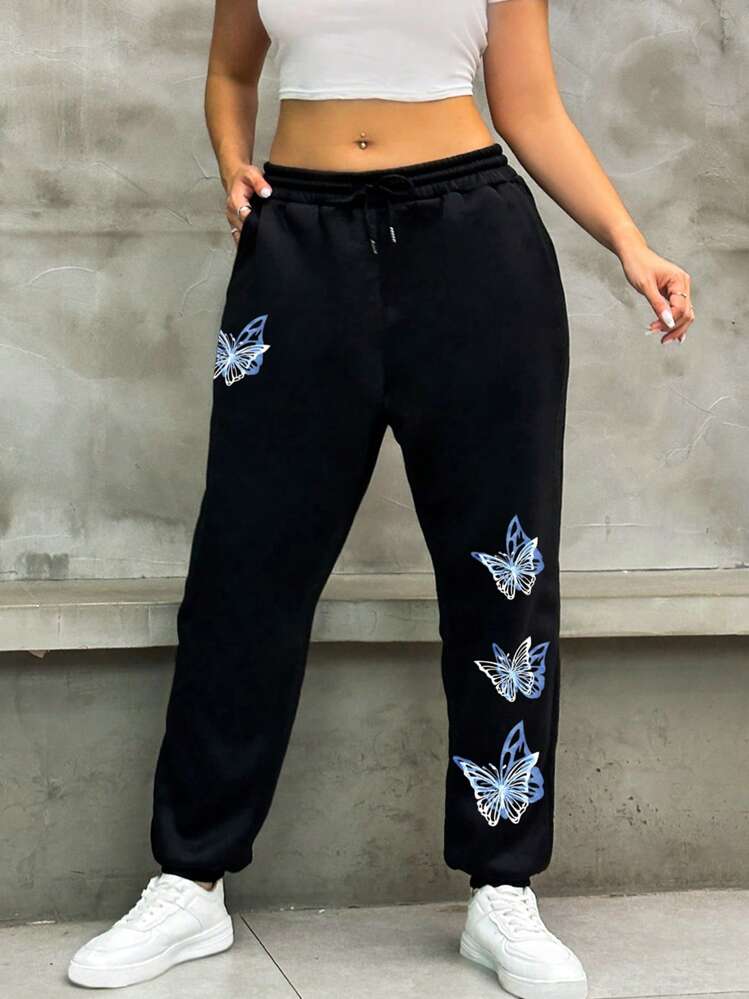 INAWLY Plus Butterfly Print Drawstring Waist Sweatpants - Black - View 1