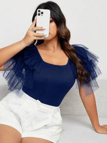 Celure 大碼網紗拼接荷葉邊T恤 - 藍色 - 查看 6