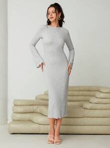 SHEIN Essnce Lettuce Trim Flounce Sleeve Bodycon Dress - Grey - View 5