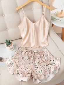 Floral Print Ruffle Hem Satin PJ Set - Apricot - View 1