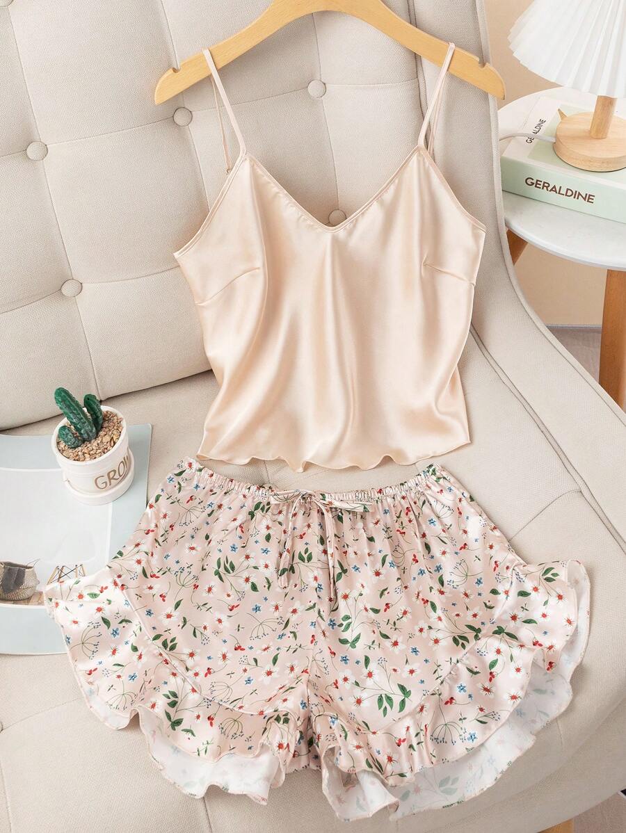 Floral Print Ruffle Hem Satin PJ Set - Apricot - View 1