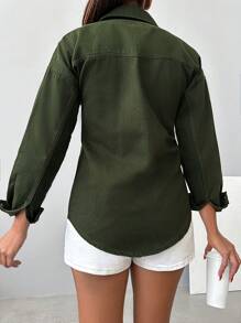 EURMUSE Túi có nắp Thả vai Áo khoác denim - Màu xanh lá cây đậm - Xem 2