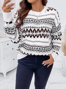 Calvaya 加大码几何图案落肩针织套头衫秋冬毛衣 - 彩色 - 查看 5