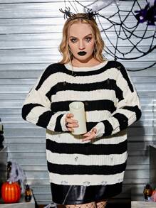 SHEIN EZwear Plus Striped Pattern Drop Shoulder Ripped Sweater