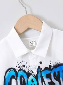 SHEIN 男童休閒酷炫塗鴉字母墨點短袖襯衫 - 白色 - 查看 3