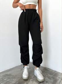 EURMUSE Solid Drawstring Waist & Hem Pants - Black - View 1