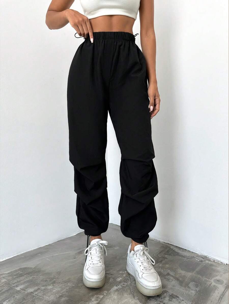 EURMUSE Solid Drawstring Waist & Hem Pants - Black - View 1