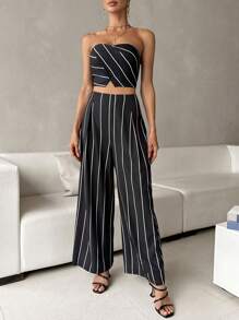 SHEIN Privé 條紋印花抹胸上衣&闊腿褲 - 黑色 - 查看 1