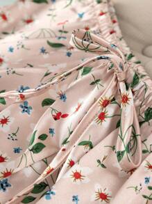 Floral Print Ruffle Hem Satin PJ Set - Apricot - View 4