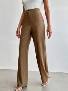 EURMUSE Striped Print Straight Leg Suit Pants - Khaki - View 5