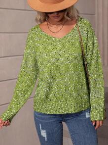 SHEIN LUNE Space Dye Drop Shoulder Sweater - Green - View 4