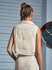 Eilly Bazar Zip Up Drawstring Hem Crop Vest Jacket - Beige - View 2