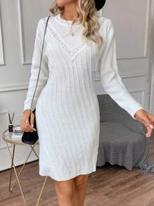 SHEIN Clasi Guipure Lace Trim Drop Shoulder Sweater Dress - White - View 4
