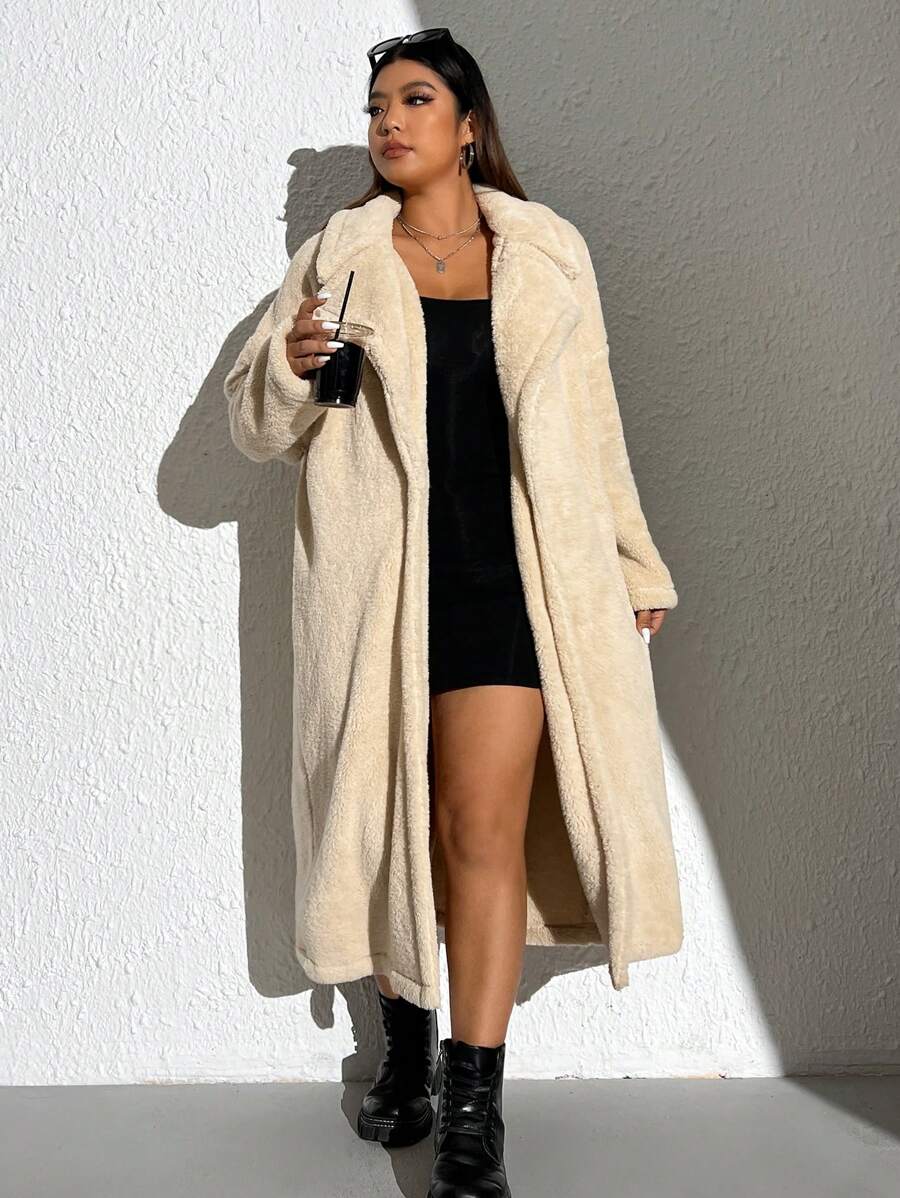 SHEIN EZwear Hơn Cổ áo Thả vai Áo khoác Teddy - Màu be - Xem 1