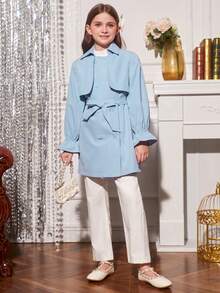 SHEIN Tween Girl 1pc Double Breasted Belted Trench Coat - Baby Blue - View 5