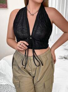 Flirla Hơn Mặt trước dây rút Áo Crop Halter - màu đen - Xem 1