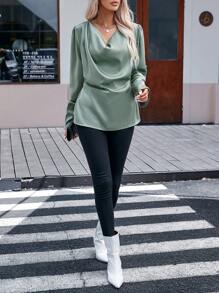 SHEIN Clasi cổ áo xếp nếp Chất rắn Áo sơ mi - Màu xanh Bạc hà - Xem 1