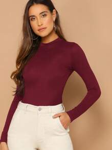 RueChic 小高領合身素色T恤 - 酒紅色 - 查看 3