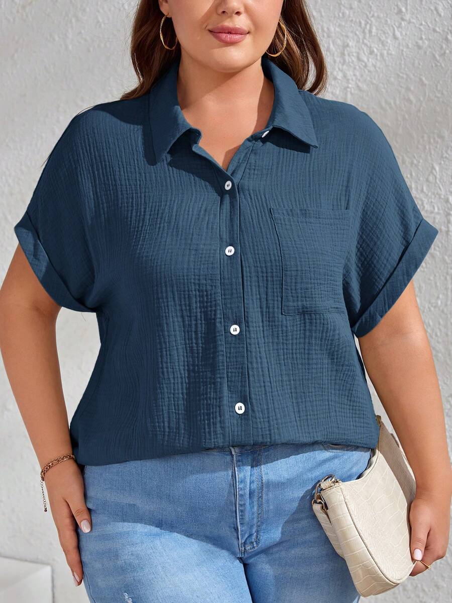 SHEIN LUNE 大碼補丁貼口袋蝙蝠袖襯衫