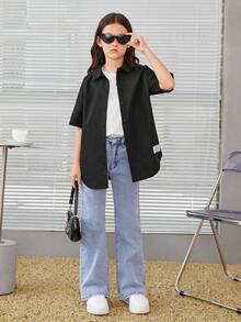 SHEIN 女大童標語圖案落肩袖襯衫 - 黑色 - 查看 4