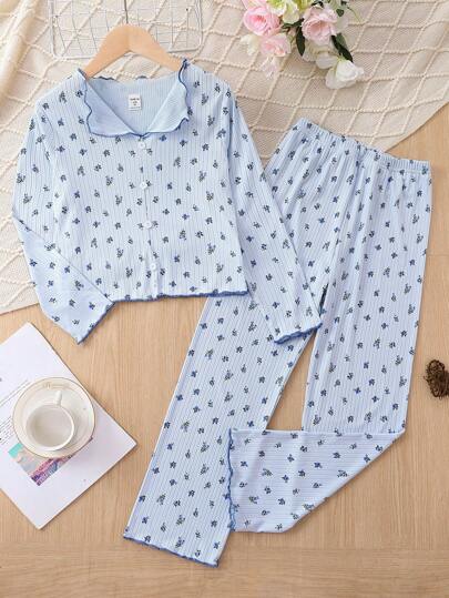 女大童碎花木耳邊T恤和褲子睡衣套裝