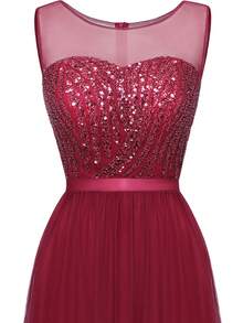 Contrast Sequin Mesh Bridesmaid Dress - Burgundy - View 5