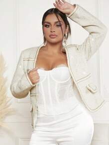 SHEIN SXY 拼接邊翻蓋細節粗花呢花呢外套 - 米色 - 查看 6