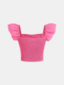 SHEIN Teen Girl Ruffle Trim Square Neck Butterfly Sleeve Crop Blouse - Watermelon Pink - View 2