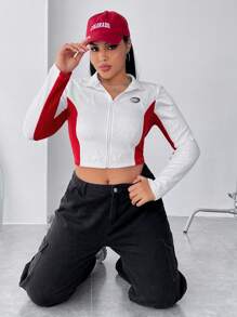 SHEIN EZwear Hơn Chi tiết Patched thư Khối màu Dây kéo Áo Jacket Crop - trắng - Xem 3