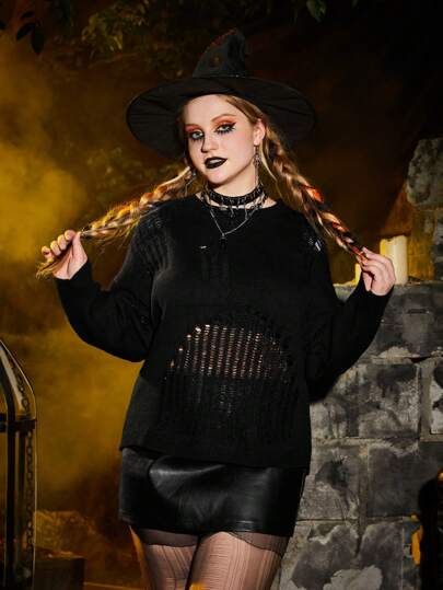 Talla grande Jersey unicolor desgarro de hombros caídos