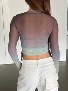 DAZY Ombre Drawstring Side Crop Mesh Top Without Bra Festival Sheer Long Sleeve Women Tops,Fall Women Clothes - Multicolor - View 2