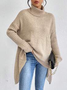 EMERY ROSE Turtleneck Drop Shoulder Asymmetrical Hem Sweater,Long Sleeve Tops Knit Pullover Fall Winter Outfit - Khaki - View 5