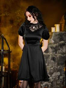 ROMWE PUNK Contrast Lace Puff Sleeve Dress Gothic - Black - View 4