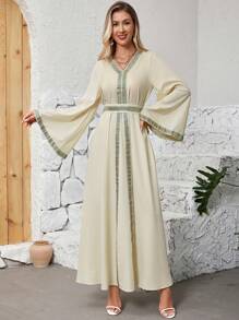 Geo Tape Flare Sleeve Dress - Apricot - View 1