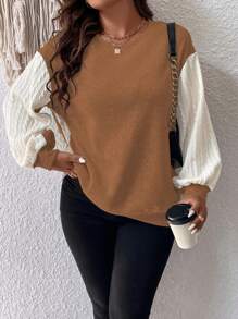 SHEIN LUNE Plus Colorblock Lantern Sleeve Sweatshirt Graduation,Back To School,Graduation,Teacher For Women,Back To School Pullover Fall Winter Sweatshirt Autumn - Brown - View 1