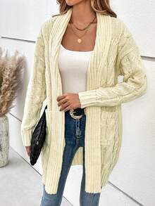 SHEIN LUNE Cable Knit Drop Shoulder Duster Cardigan - Apricot - View 6