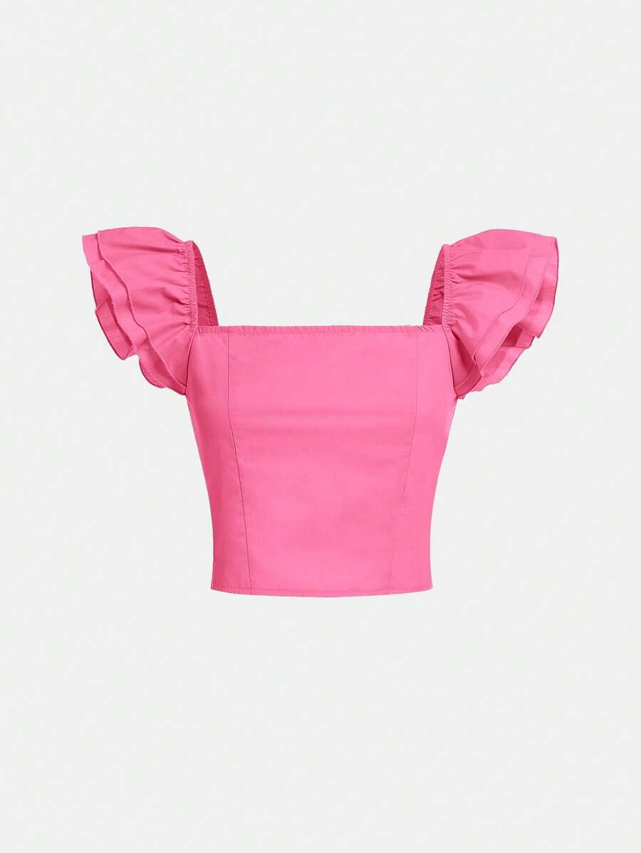 SHEIN Teen Girl Ruffle Trim Square Neck Butterfly Sleeve Crop Blouse - Watermelon Pink - View 1